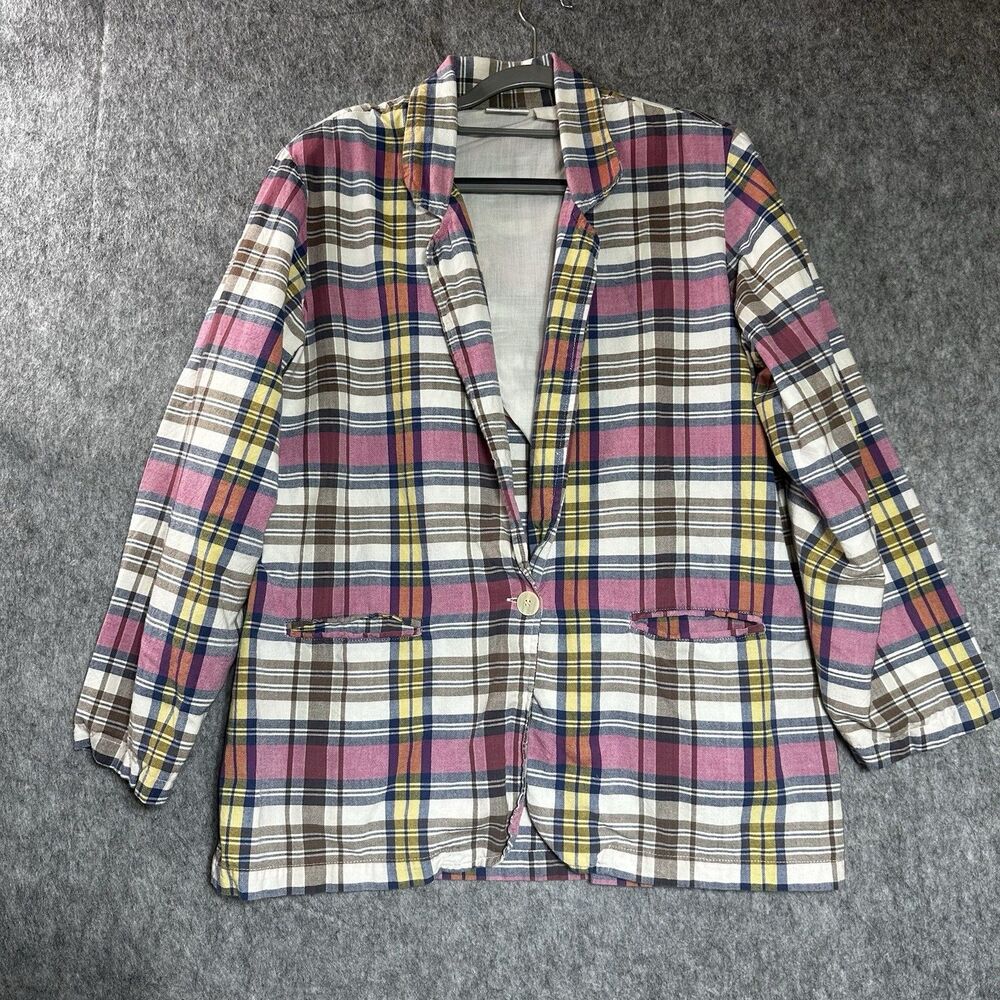Vintage Jacket Blazer Womens Large Pink Plaid Pockets Preppy Cottage Retro